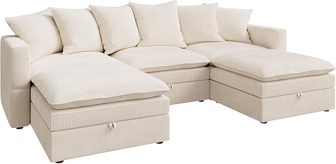 HONBAY Modular Sectional Sofa, 105.5 Inch Deep Seat U Shaped Couch with Storage & Adjustable Armrest Backrest, Beige