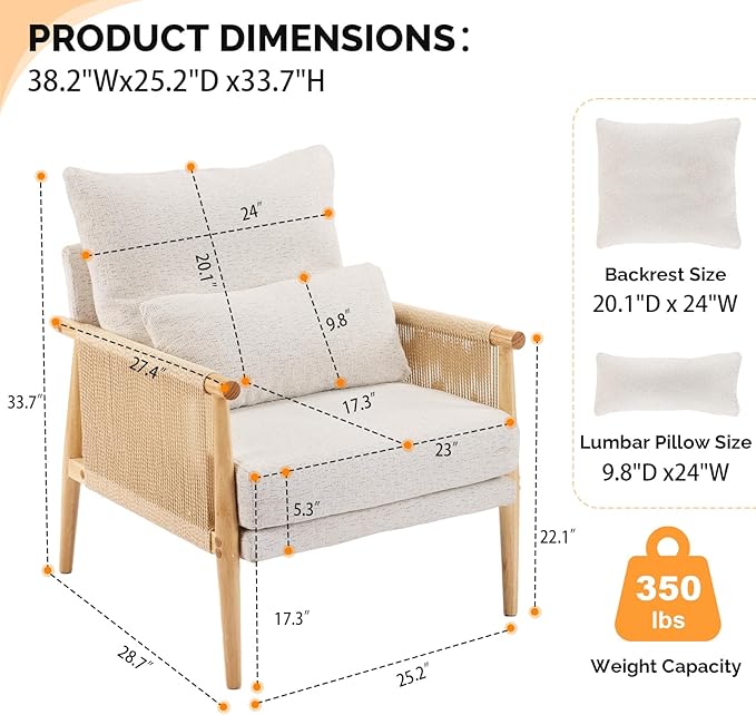 VINGLI Boho Braid Accent Armchairs Set of 2,Mid-Century Modern Chiars with Solid Wooden Armrest,Comfy Louge Cushion Chairs with Waist Pillow for Bedroom,Living Room,Reading Room, Gray Beige