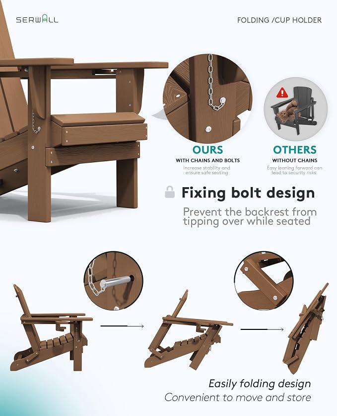 SERWALL Adirondack Chair with Cup Holders - Composite Adirondack Chairs HDPE Outdoor Chairs All Weather Use- Brown - Image 7