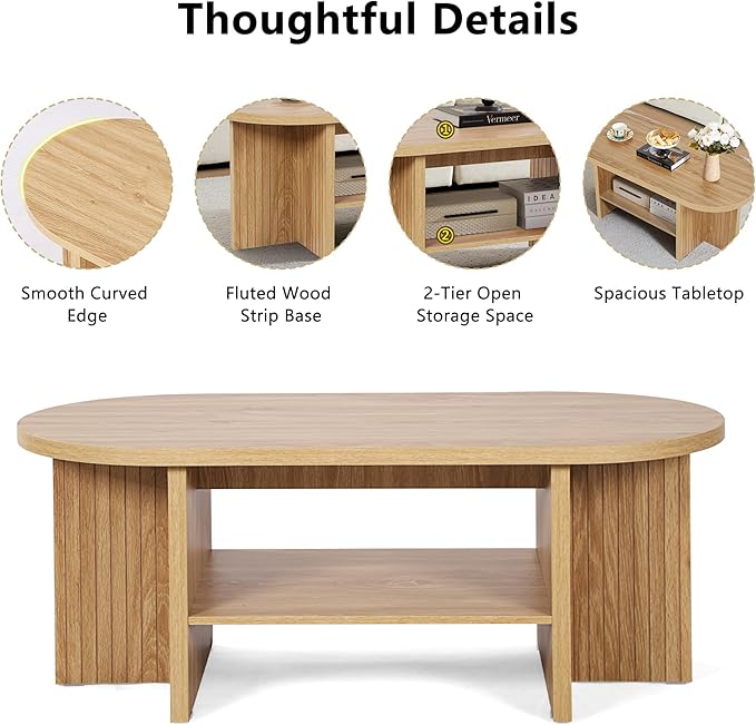 43.3" Coffee Table with Storage, Oval Coffee Tables for Living Room, Farmhouse Fluted Coffee Table with Large Storage Shelf, Wood Center Table for Small Space, Natural