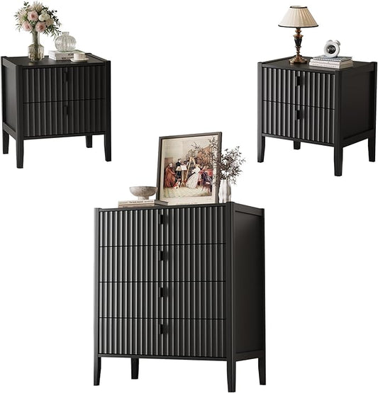 MAISONARIA 3-Piece Dresser Bedroom Set, 4 Drawer Dresser & 2 Drawer Nightstands with Metal Handles, Fluted Wood Chest of Drawers for Bedroom, Living Room, Entryway, Black