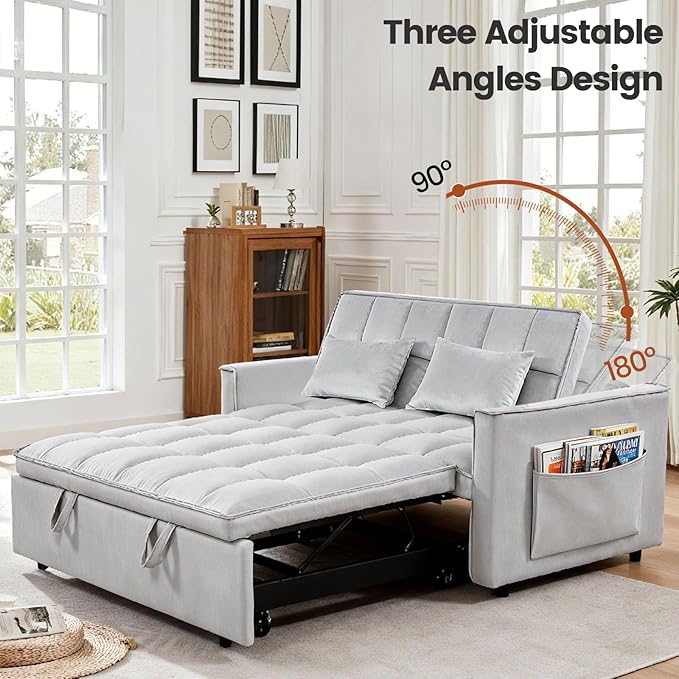 3 in 1 Sofa Bed, Love Seat Sleeper Bed with Side Pockets, Velvet Fabric Pull Out Couch with Adjustable Backrest for Living Room, Bedroom, Apartment,Gray