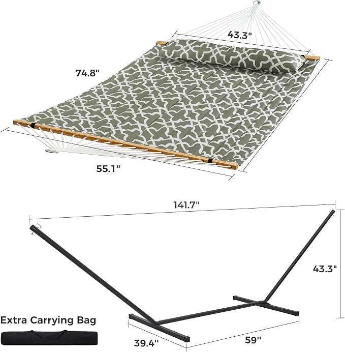 SUPERJARE Hammock with Stand, 2 Person Quilted Outdoor Hammock, Detachable Pillow & Bamboo Spreaders, Portable with Carrying Bag, Heavy Duty Stand, Perfect for Outside, Patio, Grey with White Flower - Image 8