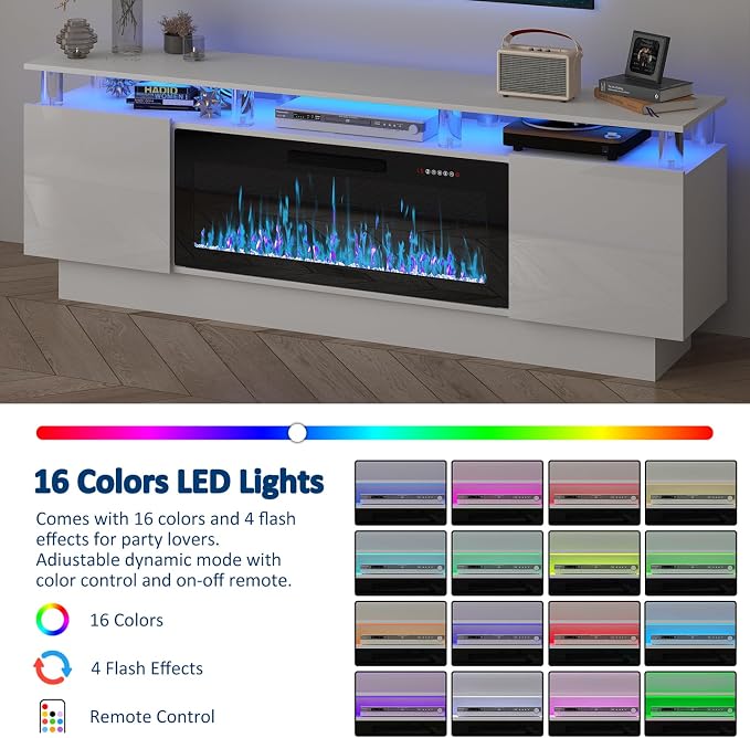 PUKAMI 70" Fireplace TV Stand with 36" Electric Fireplace, LED Light Entertainment Center with Storage, 2 Tier Modern Wood Media TV Console with Highlight Cabinet for Living Room, White - Image 5