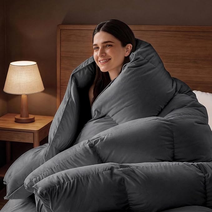 downluxe Feather Down Fiber Comforters King Size Fluffy All Season Duvet Insert Soft Breathable Bedding Comforter with Box Stitch Design & 8 Duvet Loops