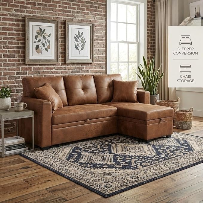 Sectional Sleeper Sofa with Pull Out Bed, L Shape Convertible Sofa Bed Couch with Storage Chaise, 3 in 1 Pull Out Sofa Bed with 3 Seats, for Living Room,Apartment, PU Brown, 76 Inch