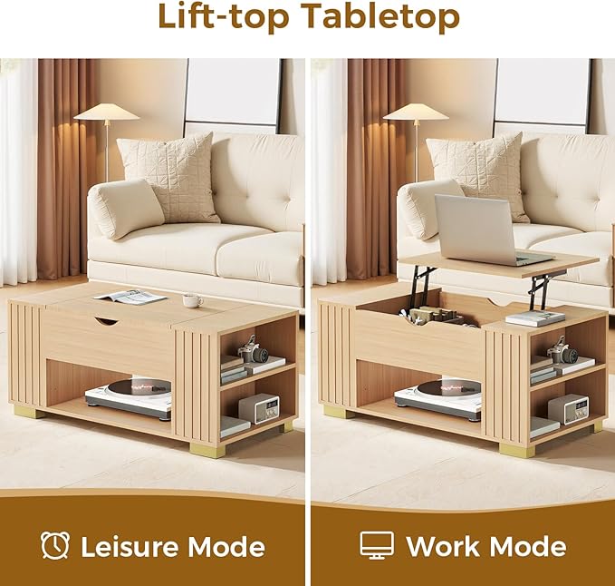 COMHOMA Lift Top Coffee Tables for Living Room, 39" Center Table with Hidden Storage Compartment, Adjustable Wooden Tea Table for Small Spaces, Light Oak