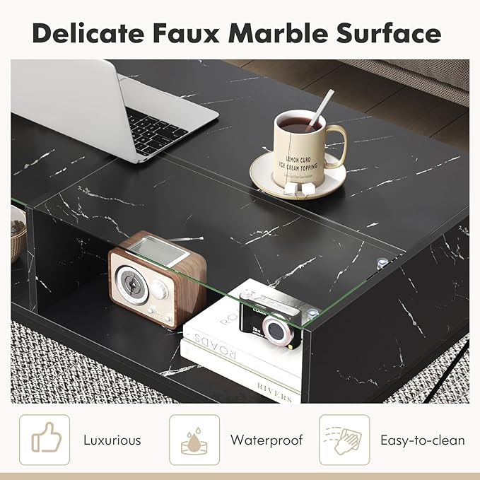 Giantex LED Coffee Table, High Gloss Coffee Tables with 4 Storage Cubes, 20-Color Lights, Remote Control, Faux Marble & Tempered Glass Top, Modern Accent Rectangle Center Table for Living Room (Black)