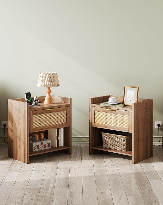 WLIVE Rattan Nightstands Set of 2, Night Stand Sets with Charging Station, Boho Bed Side Table with Storage Drawer and Open Shelf, End Tables Bedroom, Natural Oak - Image 6