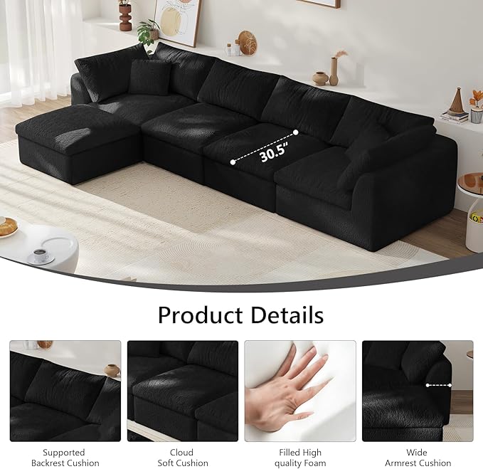 138" Modular Sectional Sofa Boneless Cloud Couch for Living Room, L Shape Deep Seat Recliner Sofa with Ottoman, Adjustable Backrest & 2 Throw Pillows - Covers Washable, (Black, 4 Seater+1 Ottoman)