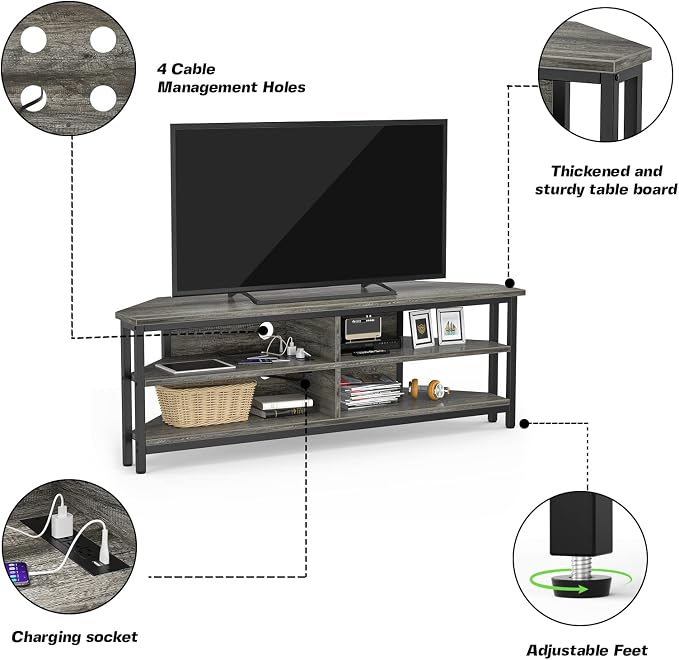 Unikito Corner TV Stand with Power Outlet, Corner Entertainment Center Media TV Console Table with 4 Open Storage Cabinet Shelve Wood TV Stand for Living Room for 55 inch TV, Gray Oak - Image 5