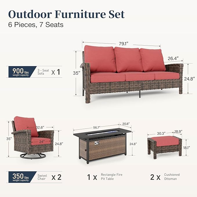 Patio Furniture Set with Swivel Chairs, High Back Wicker Rattan Furniture with 5.5" Thick Cushions, Fire Pit Table and Ottomans, All Weather Outdoor Conversation Set for Backyard Deck,7 Seats, Red