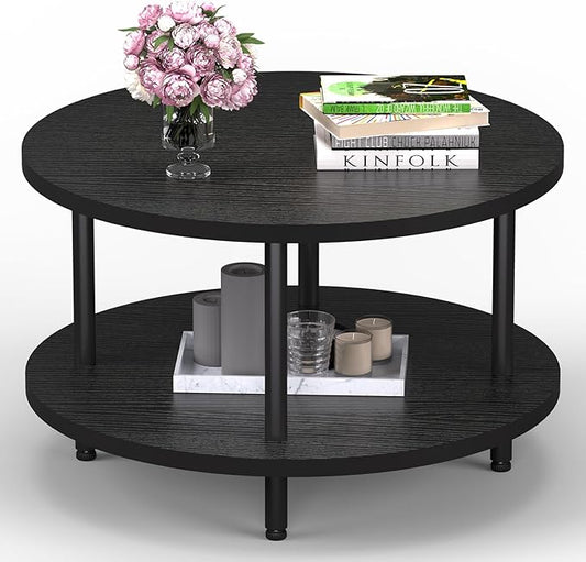 Round Coffee Table, 23.6" Circle Coffee Table for Living Room, 2-Tier Wood Accent Center Table with Open Storage Industrial Design Home Furniture, Black