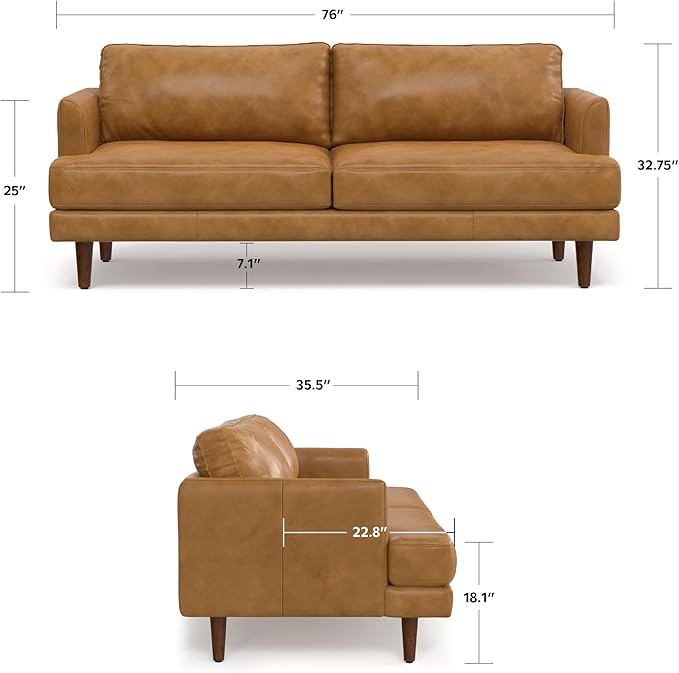 SIMPLIHOME Livingston Sofa - 76 inch Wide Top Grain Genuine Leather Sofa in Sienna, Mid-Century Modern Loveseat for Living Room with Removable Feather-Wrapped Cushions and Solid Wood Frame