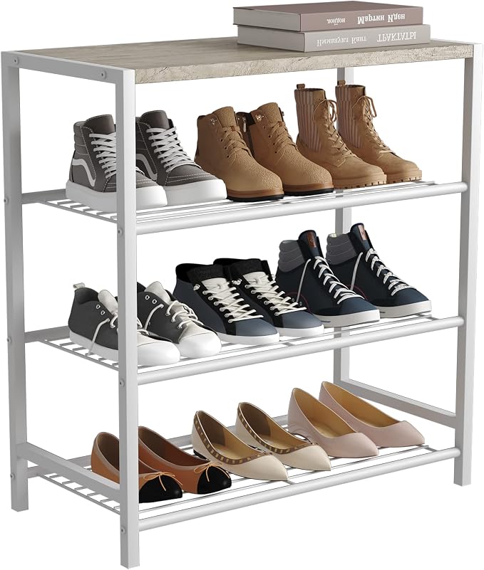 HOMEFORT 4-Tier Shoe Rack, Modern Industrial Shoe Storage Tower, Narrow Shoe Organizer for Closet Entryway, Small Shoe Rack Table with Durable Metal Shelves and MDF Top, White Oak by HOMEFORT