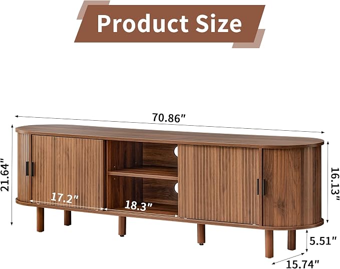 FurSch 70.87”Tambour TV Stand for 50-80 Inch, Mid Century Entertainment Center with Large Storage Cabinet & Open Shelves, TV Console with Sliding Doors for Living Room, Bedroom(Walnut, 70.87inch) - Image 2