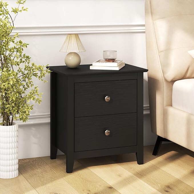 Giantex Black Nightstand, Modern 2 Drawers Night Stand with Handles, Sofa Side Table with Sturdy Legs for Small Spaces, College Dorm, Kids’ Room, Wooden Bedside Table for Bedroom, Black - Image 2