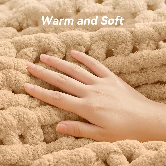 Negwoo Chunky Knit Throw Blanket, 50''*60'' Knitted Throw Chenille Yarn for Bed Couch, Handmade Beige Crochet Big Thick Blanket, Machine Washable Cute Comfy Blanket for Home Decor