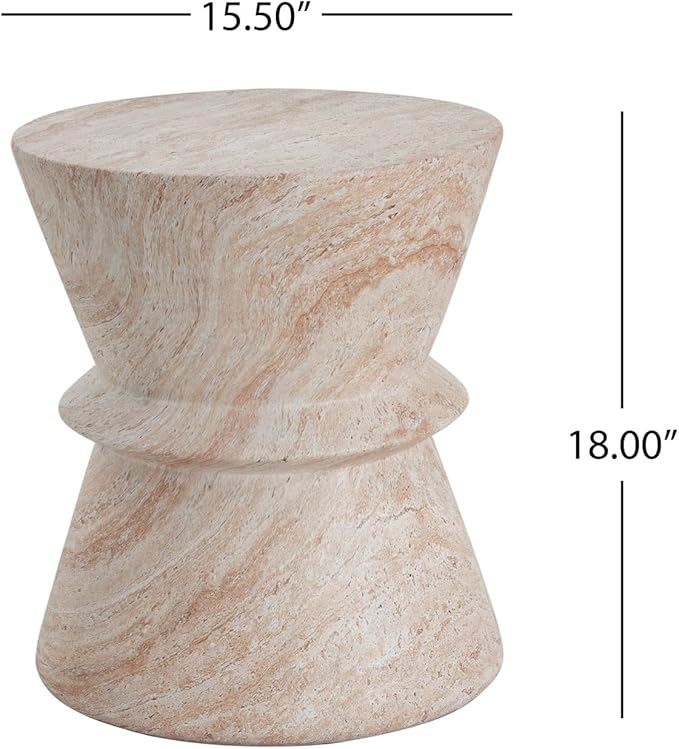 KEVINSPACE Small Side Coffee Table Outdoor MGO Round Travertine Finish Hourglass End Living Room Accent Sofa Bedside Couch Table Bedroom Apartment Indoor 15.5" W x18 H Lightweight Beige Concrete