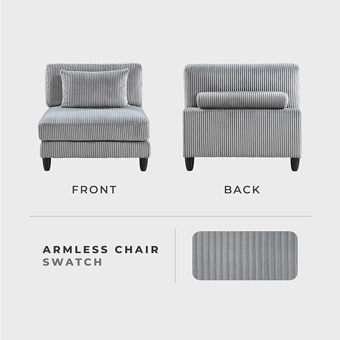 Lexicon Modular Sectional Sofa for Living Room, Corduroy Fabric Upholstery Armless Chair with Pillow, Units of Modular Sectional Couch, Upholstered Chair for Customizable Sectional Sofa Couch, Gray