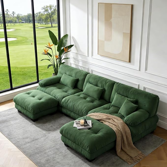 133.8" U-Shaped Cloud Couch, Oversized Modular Sectional Sofa, Deep Seat Cloud Boneless Couch, 3-Seat Modular Sectional Sofa with 2 Ottoman or Living Room,Bedroom and Apartment, Green