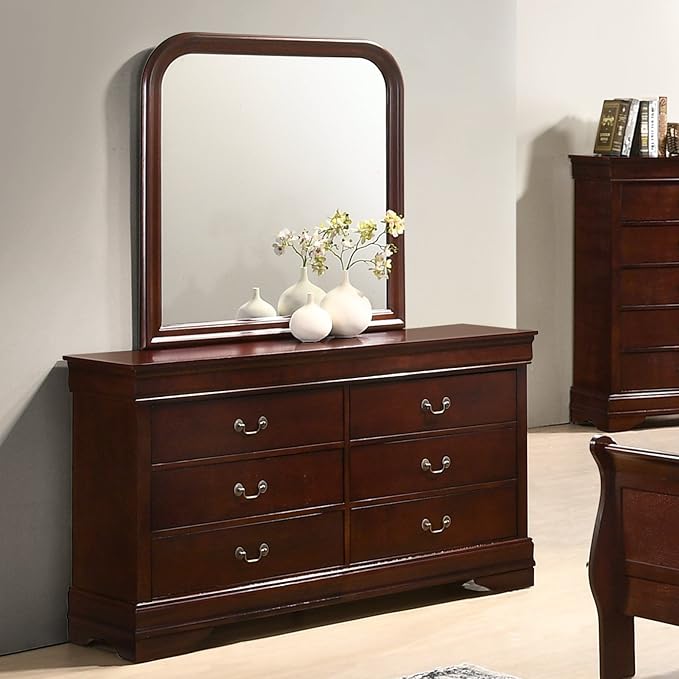 Roundhill Furniture Isola Louis Philippe Style Sleigh Bedroom Set, King Bed, Dresser, Mirror and Night Stand, Cherry Finish