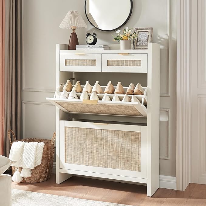 HOKYHOKY Rattan Shoe Storage Cabinet with 2 Drawers & 2 Flip Drawers – Hidden Slim Shoe Organizer for Entryway, Large Tabletop Space, Farmhouse Boho Narrow Shoe Rack, Rustic White by HOKYHOKY