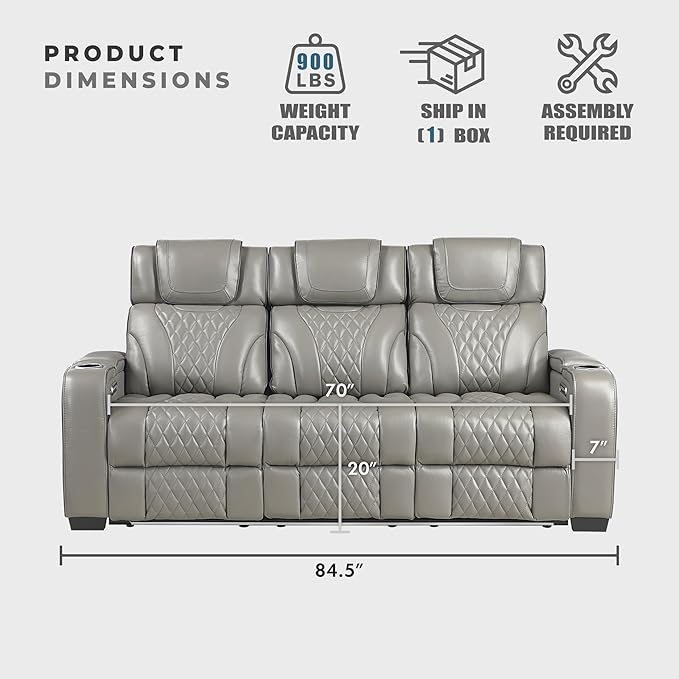 Lexicon Power Double Reclining Sofa, Center Drop-Down Table with Heat/Massage/Headrest/Storage Arms/Cup Holders/LED Lights/Wireless Charging, Top Grain Leather Match Wall Hugger Recliner Sofa, Grey