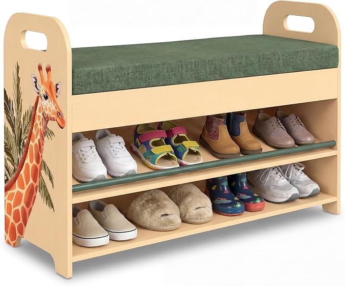 Kids & Toddler Shoe Rack with Bench Seat: Solid Pine Wood 2-Tier Shoe Organizer with Hidden Storage - Safari Giraffe Design Kids Furniture - Cushioned Seat, Rounded Safety Corners, Easy Assembly by Unknown