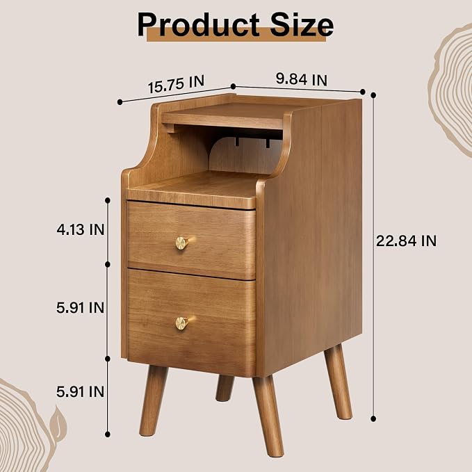Narrow Nightstand, Solid Wood Night Stand with 2 Drawers, Walnut Mid Century Modern Nightstand, Small Beside Table with Open Storage Shelf for Bedroom (10 inch) - Image 3