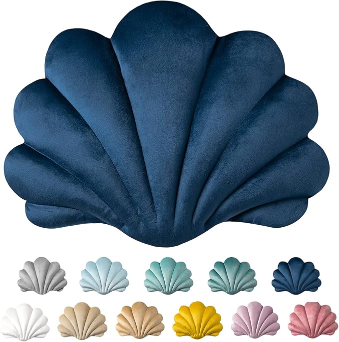 Ashler 3D Throw Pillows Shell Shaped Accent Throw Pillow, Soft Velvet Insert Included Cushion for Couch Bed Living Room, Pack of 1, Navy Blue, 18 X 13 inches
