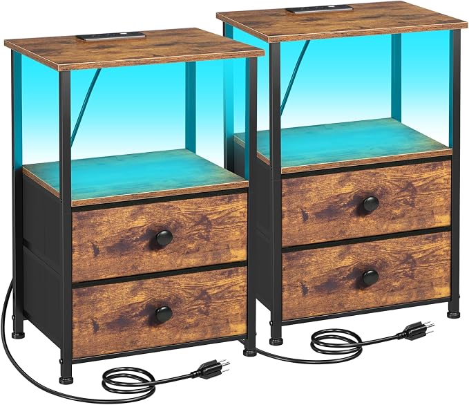 LOAKEKEL Night Stand Set 2, LED Nightstand with Charging Station, End Tables with Storage Shelf, Bedside Table with 2 Fabric Drawers for Bedroom, Small Spaces, Rustic Brown HETS02PBR by LOAKEKEL