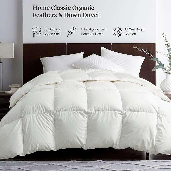 Feathers & Down Comforter, Organic Duvet Insert, 100% Cotton Shell, Ethically-sourced Feathers and Down Filler, All Season Warm, California King Size, White