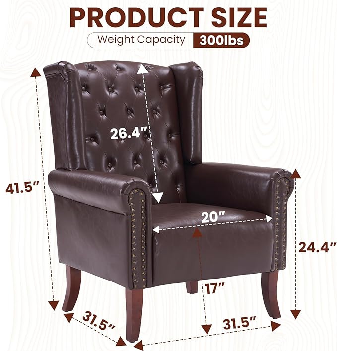 Modern Accent Chair Set of 2, Mid-Century Faux Leather Armchair Upholstered Club Sofa Chair with Wooden Legs, High Back Living Room Chair for Bedroom, Office, Lounge (Caramel)