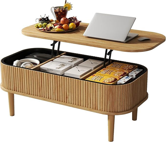 Coffee Table, Fluted Lift Top Coffee Tables for Living Room, Center Tables with Hidden Compartment, Modern Oval Coffee Table for Home Office, Natural