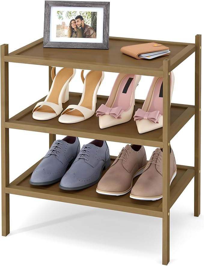 Smiry Bamboo Small Shoe Rack, 3 Tier Shoe Organizer for Entryway & Closet, Stackable Free Standing Storage Shelf for Shoes, Bags & Plants, Walnut by Smiry