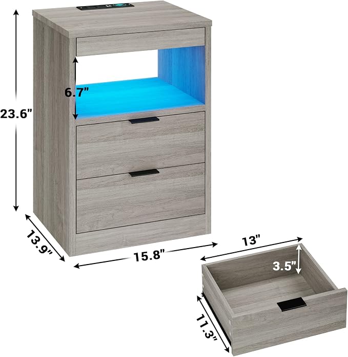 Tiptiper LED Nightstand with Wireless Charging Station, Farmhouse Nightstand with LED Light, Rustic End Table Side Table with Drawers, Pull-Out Tray and Open Storage, Grey Wood Grain - Image 3
