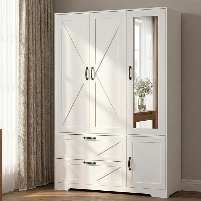Armoire Wardrobe Closet with Mirror Door and LED Lights,3 Doors Farmhouse Bedroom Armoire with Drawers,Large Capacity Freestanding Armoire with Hanging Rod,Adjustable Shelves and Hooks(White