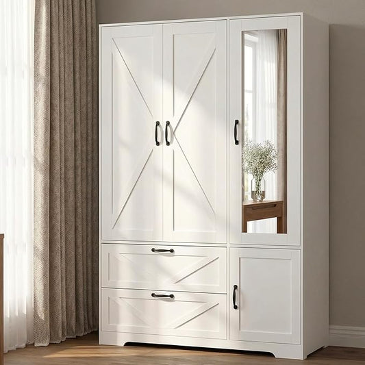Armoire Wardrobe Closet with Mirror Door and LED Lights,3 Doors Farmhouse Bedroom Armoire with Drawers,Large Capacity Freestanding Armoire with Hanging Rod,Adjustable Shelves and Hooks(White