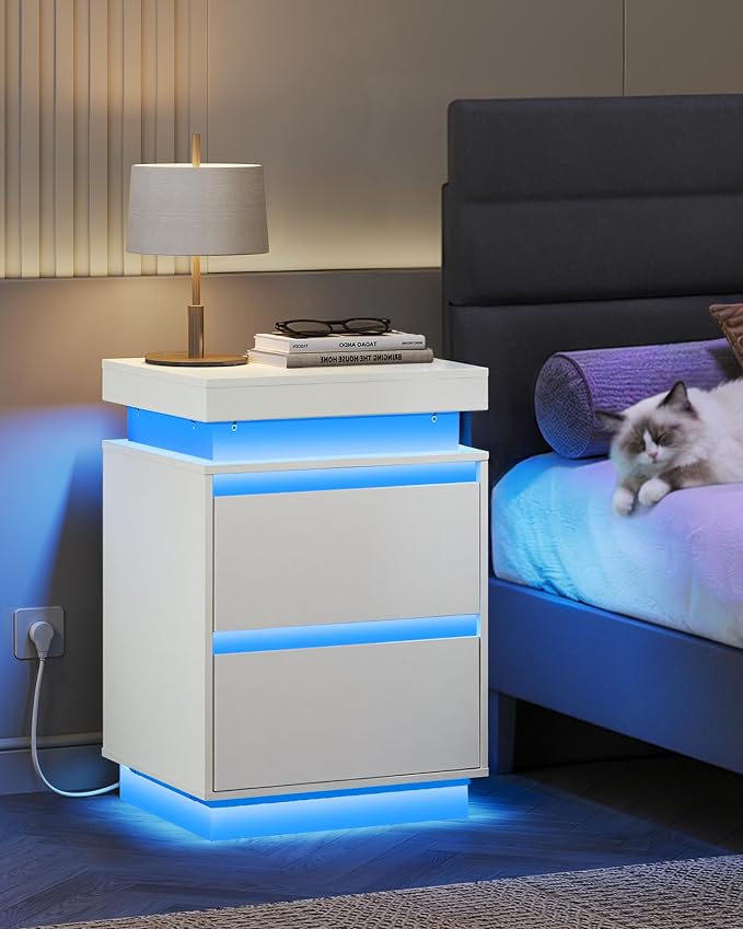WLIVE White Nightstand with Charging Station and LED Lights, Bedside Table with 2 Wooden Drawers and Sliding Top, Modern End Table Side Table for Bedroom, Living Room, Office - Image 2