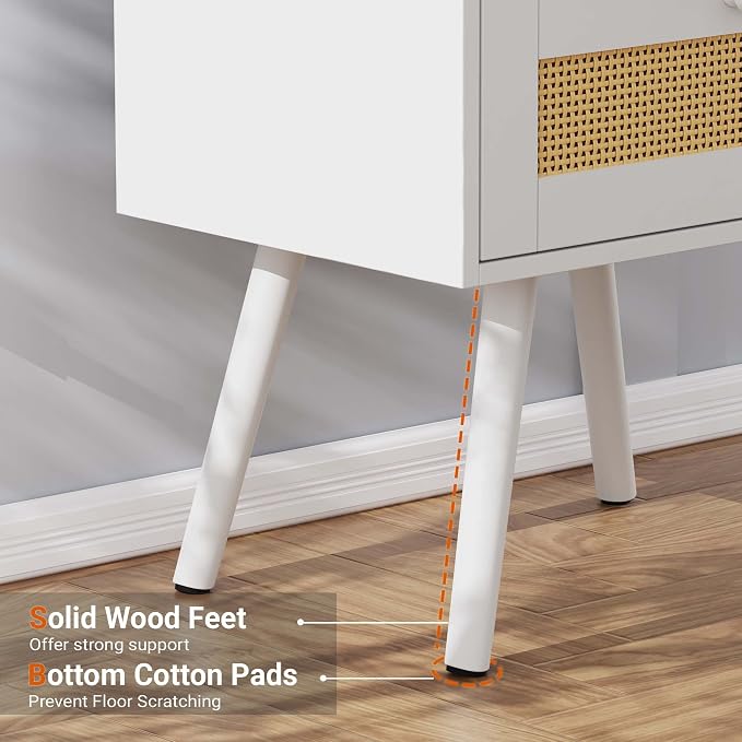 SUPERJARE Nightstands with Charging Station, Bedside Table Set of 2 with PE Rattan Drawers, Rattan Side Table with Storage & Solid Wood Feet, End Table for Bedroom, White - Image 7