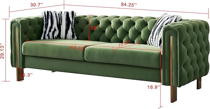 KEIKI 84" Chesterfield Velvet Tufted Button Sofa with Removable Cushions and 2 Toss Pillows, Modern 3-Seater Couch with 4 Gold Metal Leg, Easy Assembly, for Living Room, Bedroom, Apartment, Mint Green