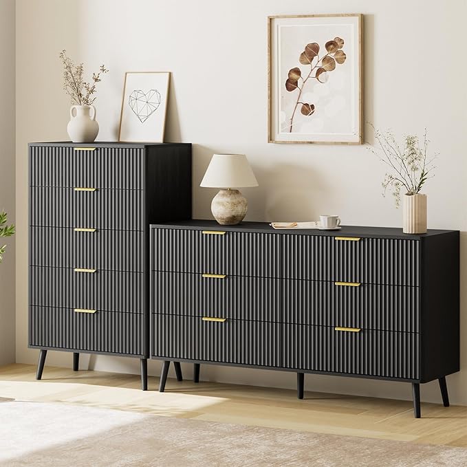 LYNSOM Fluted Dresser and Nightstand Sets 4 Piece, 2-Drawer Nightstands and 5/6 Drawers Dresser, Wood Bedroom Furniture Set for Home, Bedroom, Black