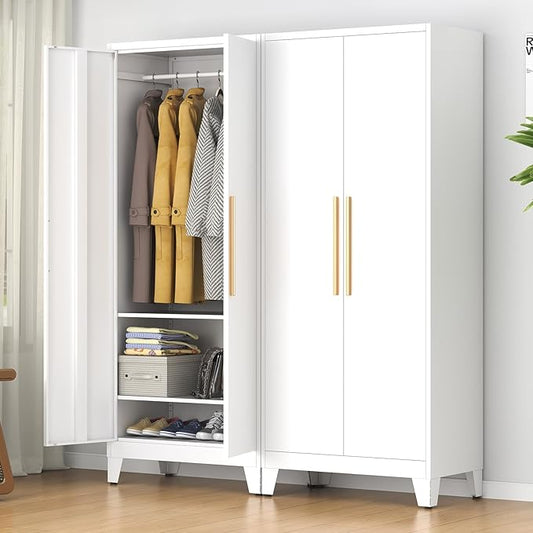 75.3" Tall Metal Armoire Wardrobe Closet with 2 Doors, Adjustable Hanging Rod & 2 Adjustable Shelves, Freestanding Storage Cabinet Organizer for Bedroom, Office, Laundry Room, White