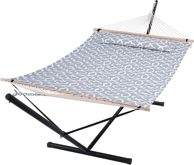 SUNCREAT 55 Inch Extra Large Double Hammock with Stand, 475lbs Capacity, Outdoor Portable Hammock with Hardwood Spreader Bar, Extra Large Pillow, Grey by SUNCREAT