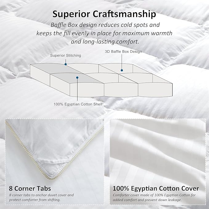 Luxurious All-Season Goose Down Comforter Duvet Insert, Exquisite Oversized Queen White Stripe Design, 98" X 98 ", 100% Cotton Down Proof Fabric, 70 oz. Fill Weight