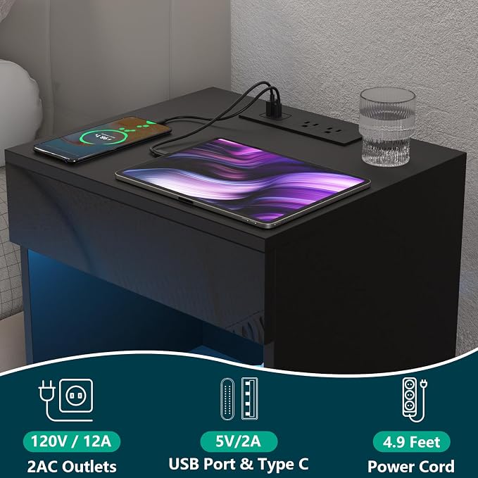 HOMMPA Set of 2 Open Shelf LED Nightstands with Charging Station 2 Drawers Bedside Tables Black Night Stands with Storage Smart Nightstands High Gloss Night Table with Led Light for Bedroom Furniture - Image 3