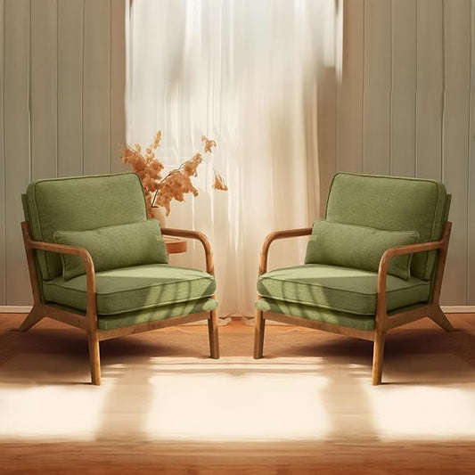 Bonnlo Dark Green Linen Accent Chairs Set of 2,Upholstered Mid Century Modern Lounge Fabric Chairs Reading Chairs Side Sitting Chair Solid Wood Farmhouse Armchairs for Living Room, Bedroom, Guest Room