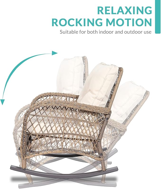 MEETWARM 4-Piece Outdoor Patio Wicker Conversation Set with Glider Loveseat, 2 Chairs, Coffee Table & Rocking Chair - Thickened Cushions