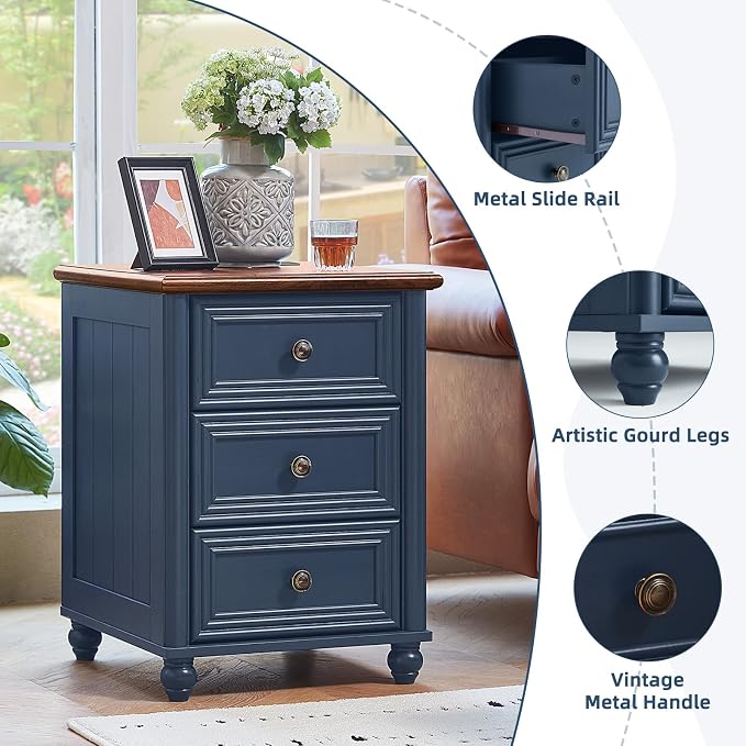 RWYHG 18" Farmhouse Nightstand Set 2 with Charging Station and USB Port, Blue Night Stand with 3 Drawers, Wood Bedside End Table with Storage, Bed Side Tables for Bedroom Living Room and Closet - Image 9